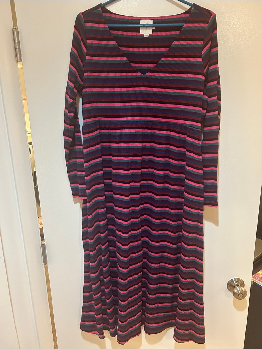 Maternity Long Sleeve Striped Dress - Pink, Purple & Black